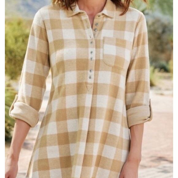Soft Surroundings Mad About Plaid Tunic Flannel L Tan Popover Pocket Fall Casual - Picture 10 of 10